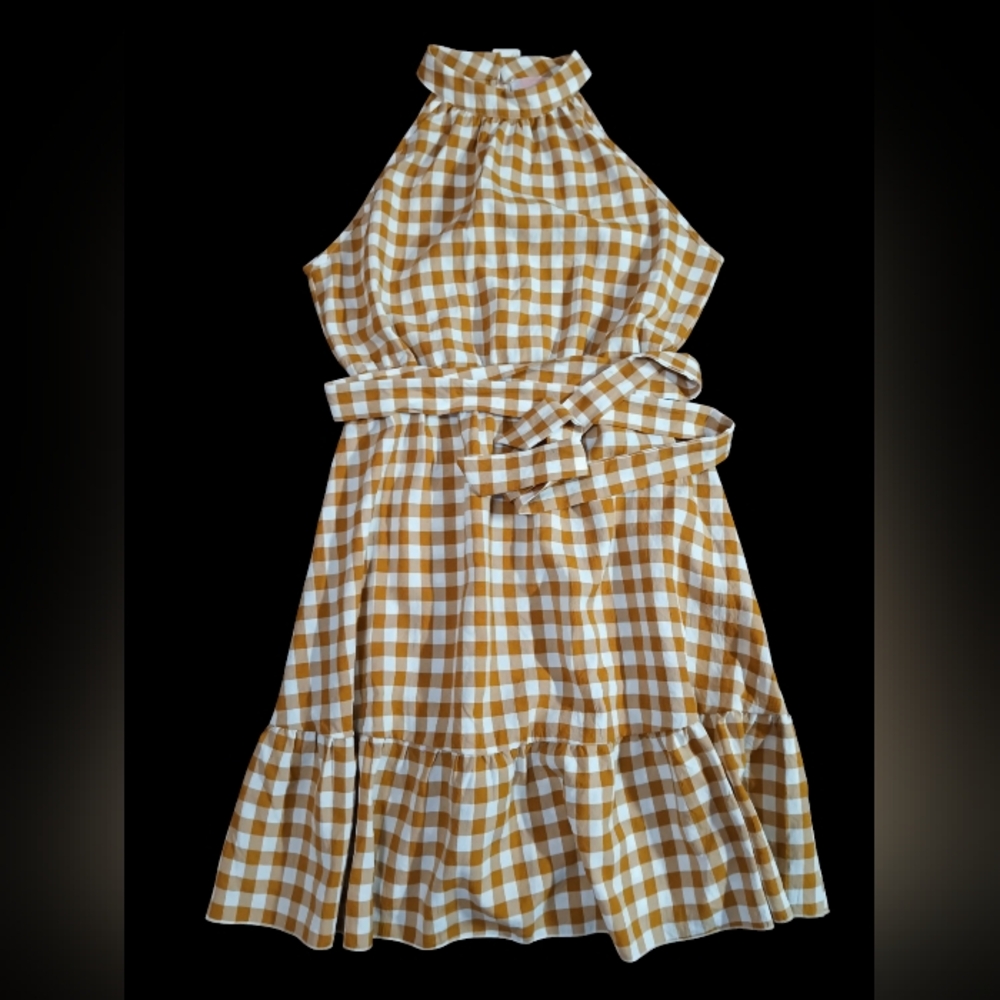 C+D+M Knee Length Checkered  Sleeveless Halter Top Brown White Sz M Dress - Picture 3 of 5